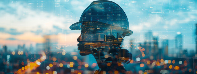 Surreal Double Exposure: Construction Worker and Urban Site

