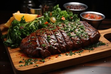 Juicy piece of meat with vegetables and sauces on a wooden board.