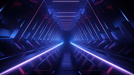 3D rendering of a dark futuristic tunnel with glowing neon lights.