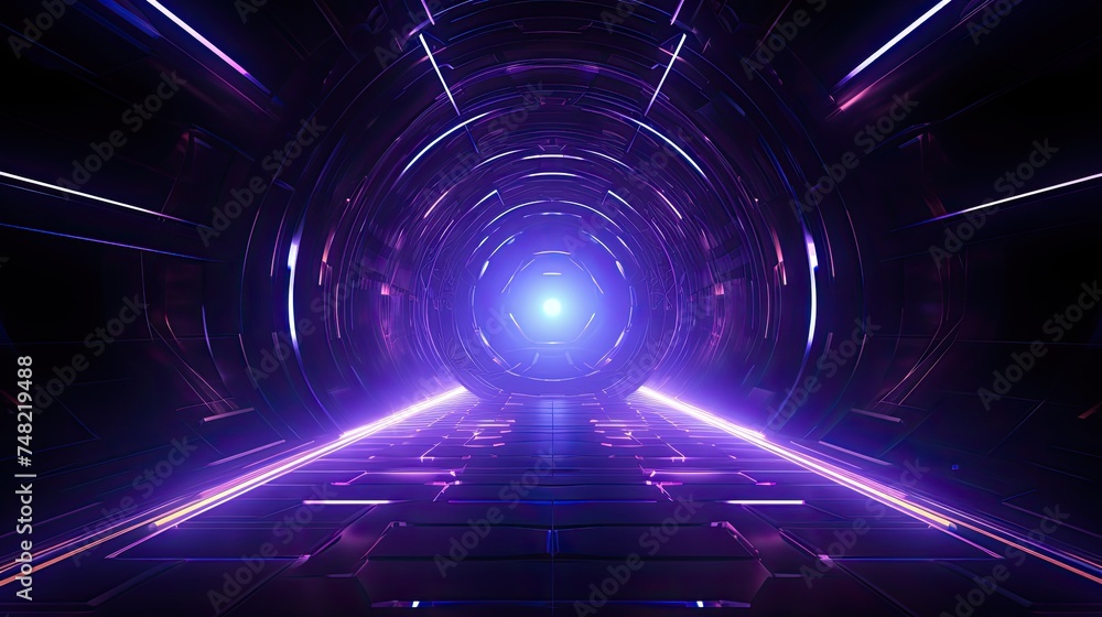 Poster 3d rendering of a futuristic tunnel with glowing lights. the tunnel is made of dark metal and has a 