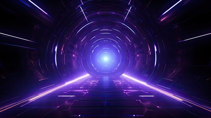 3D rendering of a futuristic tunnel with glowing lights. The tunnel is made of dark metal and has a bright light at the end. - obrazy, fototapety, plakaty
