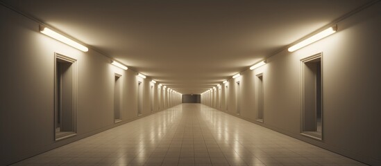 A long hallway with bright lights evenly spaced on either side, creating a minimalistic and modern design. - Powered by Adobe
