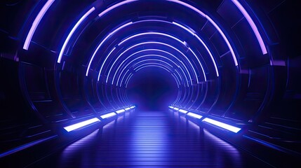 3D rendering of a futuristic tunnel with glowing blue neon lights. The tunnel is made of dark metal and has a shiny reflective floor. - obrazy, fototapety, plakaty