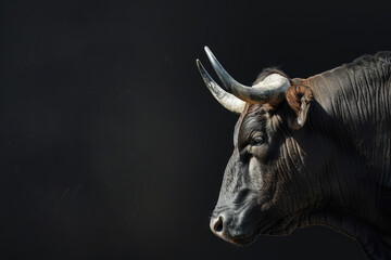 
bull in profile with horns and a black background - obrazy, fototapety, plakaty