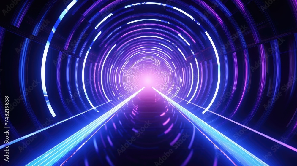 Poster 3d rendering. abstract background with glowing neon light. glowing arch in perspective. futuristic s