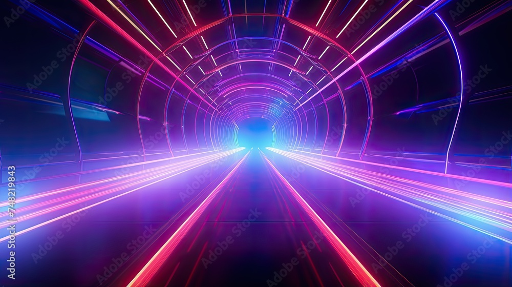 Poster a 3d rendering of a futuristic tunnel with glowing neon lights. the tunnel is dark and mysterious, w