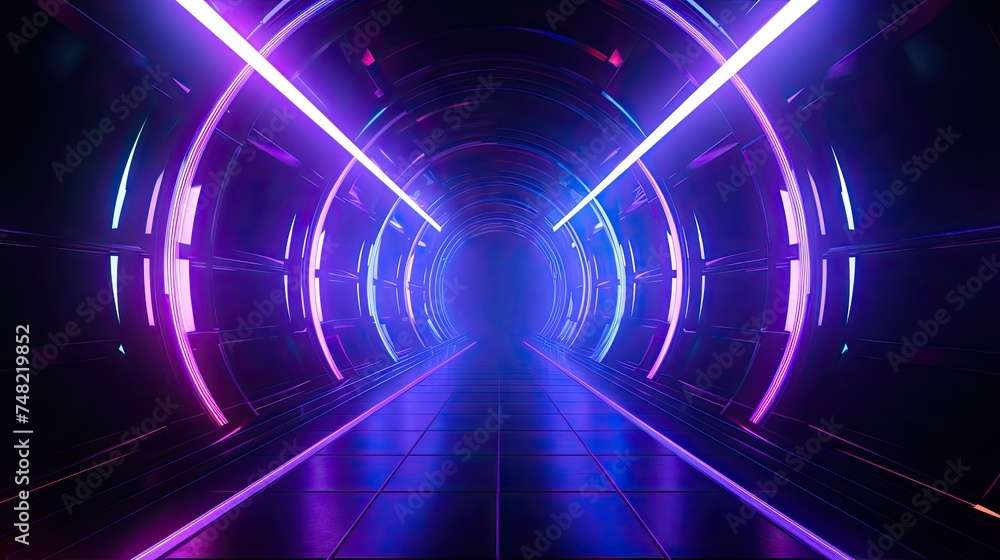 Poster 3d rendering of a futuristic tunnel with glowing neon lights. the tunnel is dark and mysterious, wit