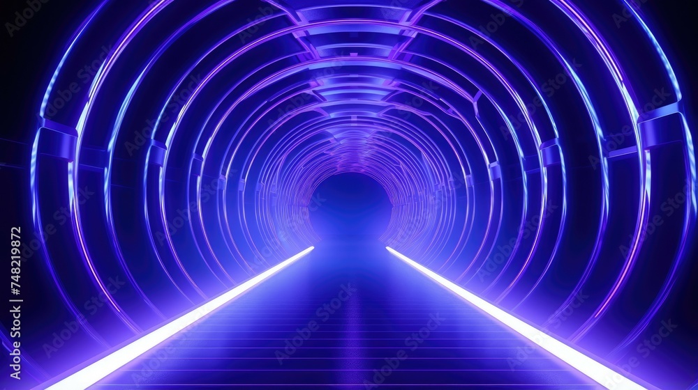 Poster 3d rendering of a glowing blue tunnel. the tunnel is made up of a series of concentric circles, each