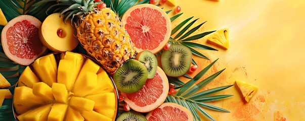 Tropical fruit platter with pineapple, mango, and kiwi. Overhead shot on a vibrant tropical...
