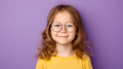 Obraz premium Happy child with glasses, smiling against a lavender background, exuding youth and positivity.