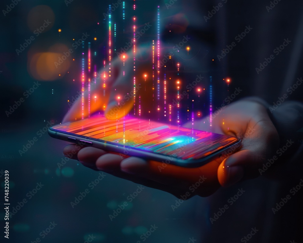 Poster medium shot of a hand holding a phone with a live data analytics hologram representing analysis tech