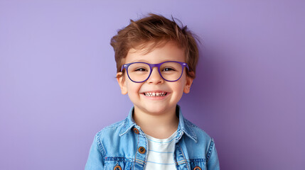 Smiling boy with round glasses, radiant with happiness, standing before a violet wall. purple...