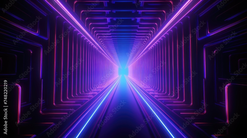 Poster 3d rendering. futuristic sci-fi tunnel with glowing neon lights. abstract geometric background.