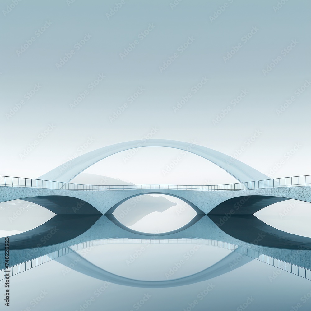 Poster medium shot of a minimalist stylized bridge over calm waters connection reflection engineering elega