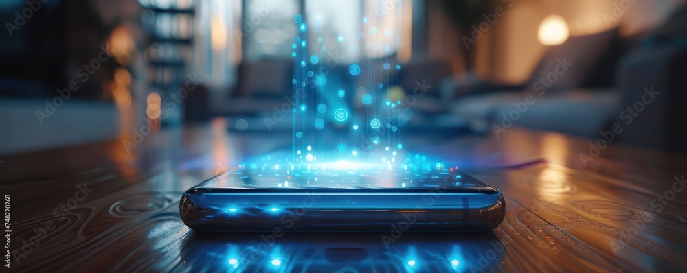 Poster medium shot of a phone projecting a holographic ai assistant blending artificial intelligence techno