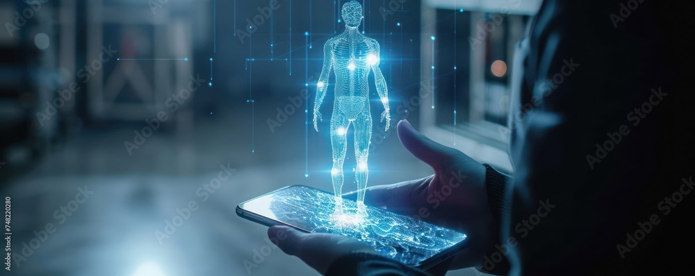 Poster medium shot of a phone projecting a holographic ai assistant blending artificial intelligence techno