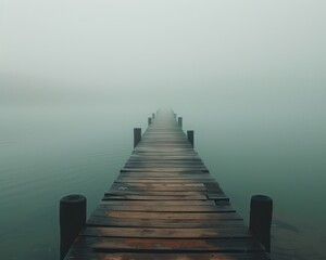Medium shot of a minimalist pier extending into a foggy lake isolation contemplation silence mystery standing alone at the edge of the water minimalist reflection Depicted with the pier fading