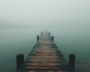 Fototapeta premium Medium shot of a minimalist pier extending into a foggy lake isolation contemplation silence mystery standing alone at the edge of the water minimalist reflection Depicted with the pier fading
