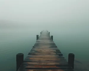  Medium shot of a minimalist pier extending into a foggy lake isolation contemplation silence mystery standing alone at the edge of the water minimalist reflection Depicted with the pier fading © BoOm