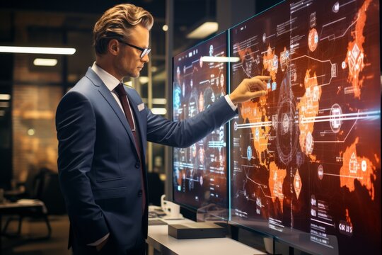 A man near a wall with displays. Video surveillance, tracking, business, smart home. - Powered by Adobe