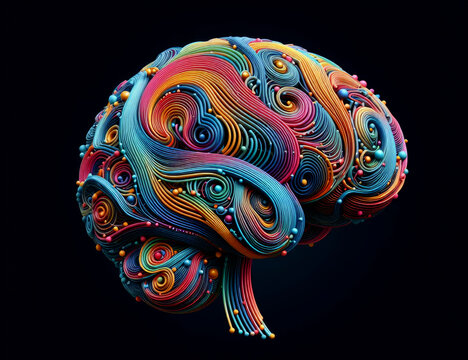 Surreal Brain Model Crafted with Swirling Colorful Fibers - Cognitive Science Art