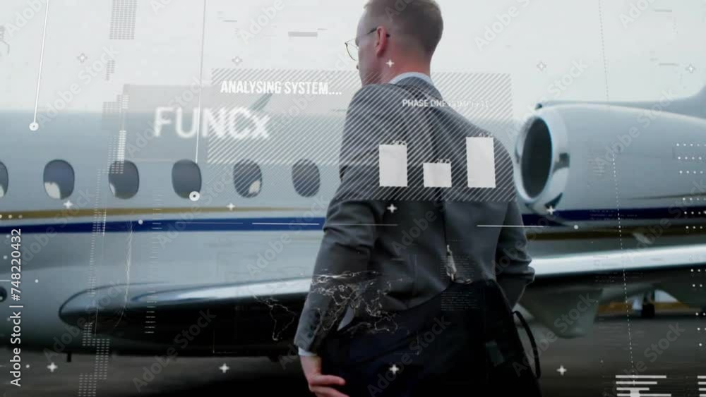 Poster animation of data processing over caucasian businessman by plane
