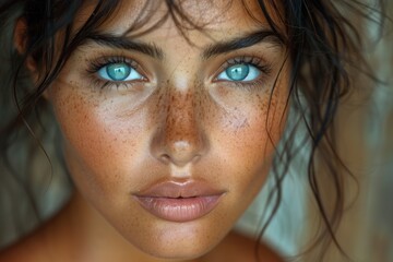 Portrait of a Caucasian woman in close-up with beautiful eyes looking into the camera