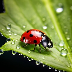 Fototapeta premium close up ladybug on grass. on a green leaf with dew drops