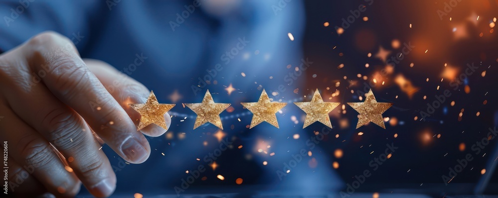 Aufkleber close up of a cursor hovering over a 5 star review on an online shop symbolizing quality feedback sa