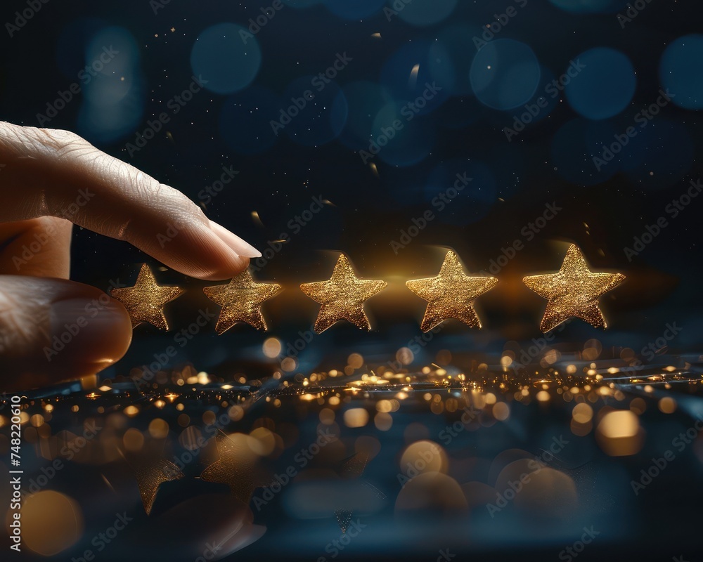 Aufkleber close up of a cursor hovering over a 5 star review on an online shop symbolizing quality feedback sa