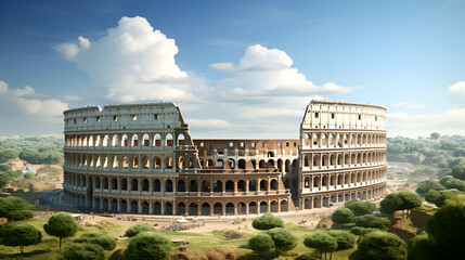 A majestic view of the Coliseum, also known as the Flavian Amphitheatre, in Rome, Italy, standing as a symbol of ancient Roman engineering prowess amidst the modern cityscape