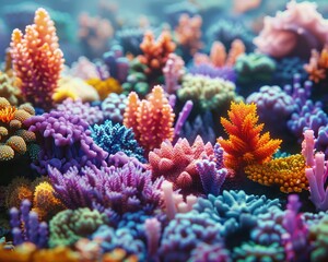 Naklejka na ściany i meble Close up of a flourishing coral reef teeming with marine life environmentalism underwater wonder conservation discovery snorkeling adventure minimalist ocean beauty Rendered with vivid life