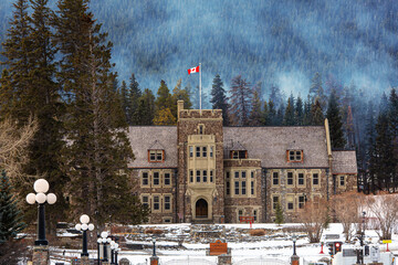 The historic Banff National Park Administration Building in Banff, recognized as a Canada Federal Heritage Landmark built in 1934.