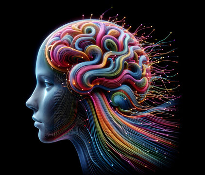 Artistic Representation of a Woman's Mind with Colorful Neural Pathways - AI Concept