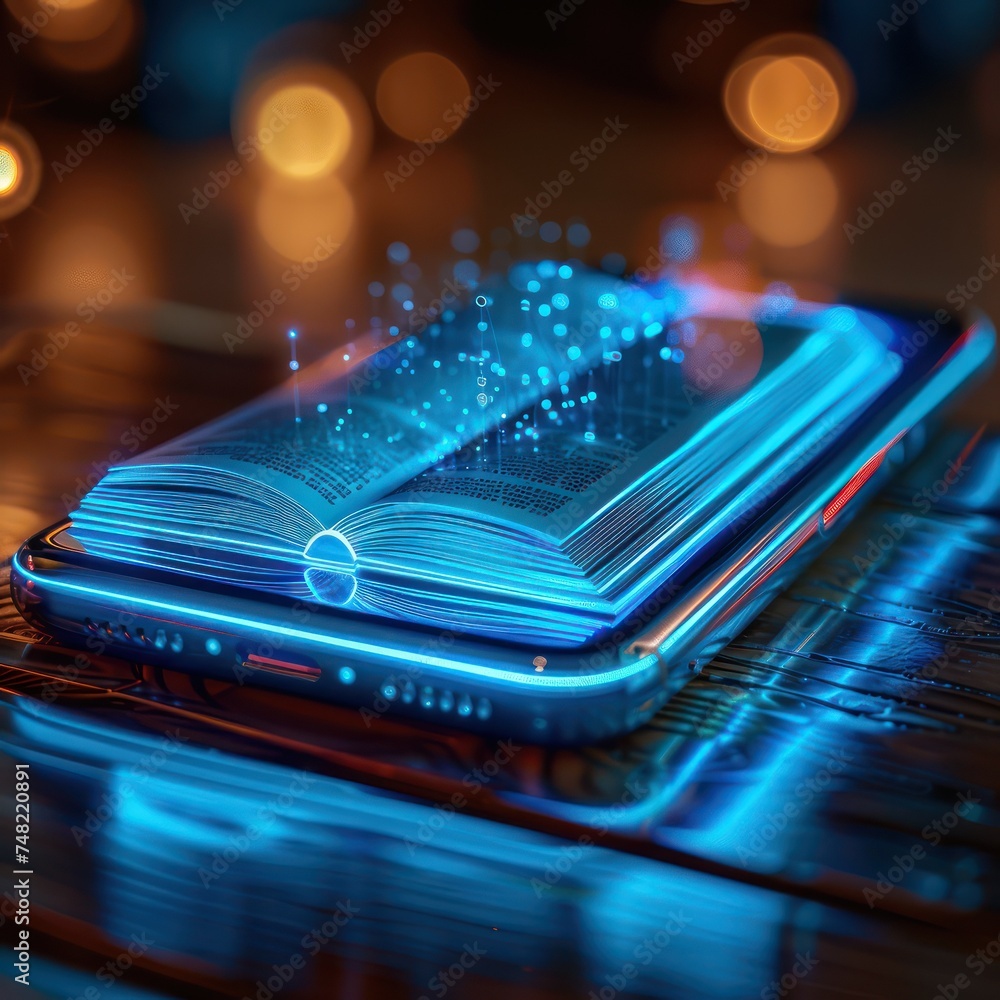 Poster close up of a phone transforming into a holographic ebook reader symbolizing literature technology r