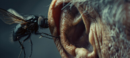 extreme close-up of a fly near the ear of an elderly man