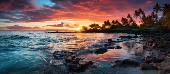 tropical island beach, sunrise shot - obrazy, fototapety, plakaty