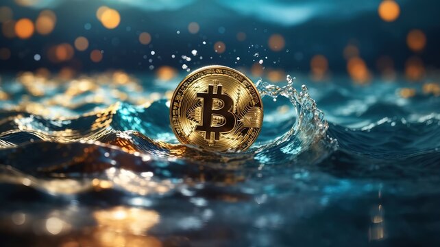 Bitcoin in the middle of ocean waves