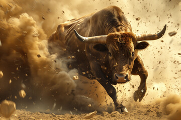 charging bull in dynamic dust explosion - obrazy, fototapety, plakaty