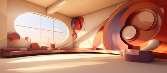 A room featuring a large circular window and a bench against one of the walls. The room has abstract, colored gradient smooth objects and a brown color scheme.