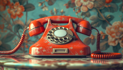 classic red rotary phone in vintage room