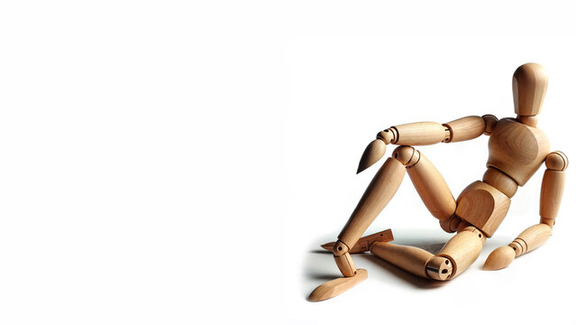 wooden mannequin sitting on the floor