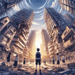 Boy looking at a city devastated by an earthquake, illustration - obrazy, fototapety, plakaty