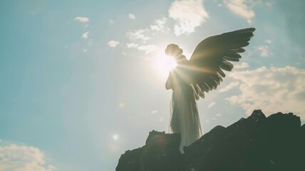 Angel silhouette with wings stands on a rock, sunbeams shine from behind, melancholic mood with mystical atmosphere