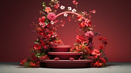 3D rendering of a podium with a floral arrangement.
