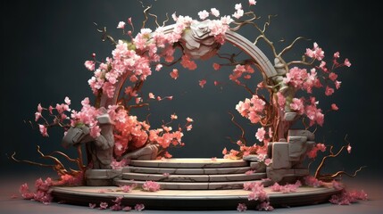 A beautiful 3D rendering of a cherry blossom archway. The archway is made of white marble and is covered in delicate pink cherry blossoms.