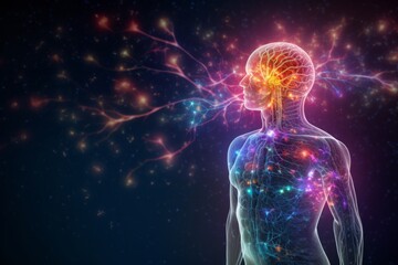 silhouette of a man with dots on his body. diseases, chakras, alternative medicine, energy.  copy space