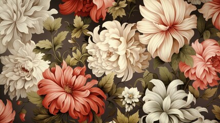 A beautiful floral pattern with large, detailed flowers in shades of red, pink, and white.