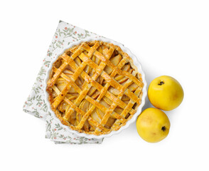 Tasty homemade quince pie and fresh fruits isolated on white, top view