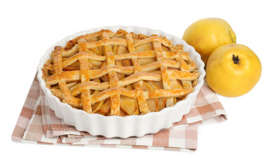 Tasty homemade quince pie and fresh fruits isolated on white